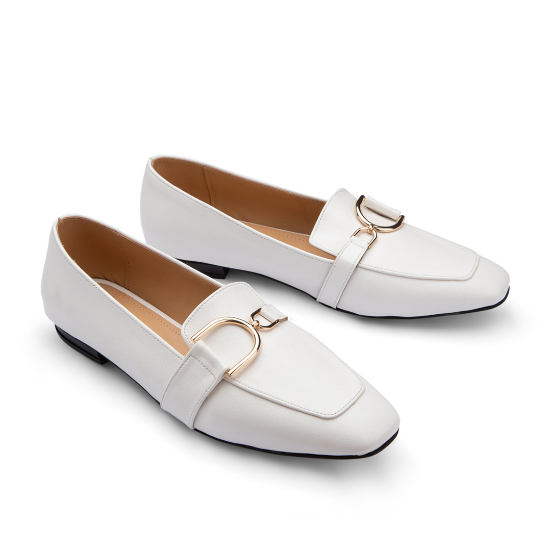 Plain Leather Women Square Toe Flats With Low Heel - White