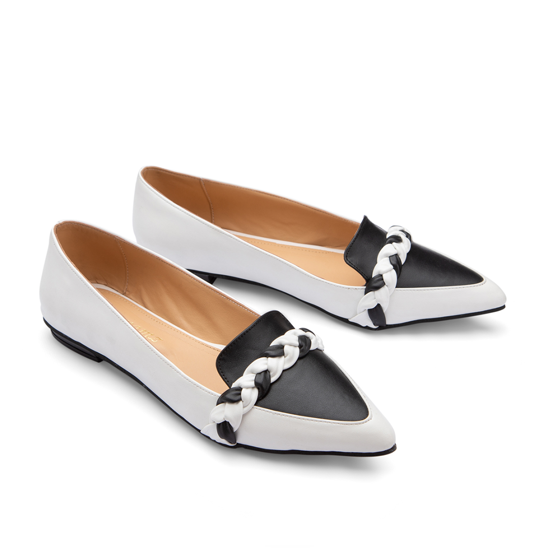 Double Color Plain Leather Women Braided Pointy Toe Flats - Black