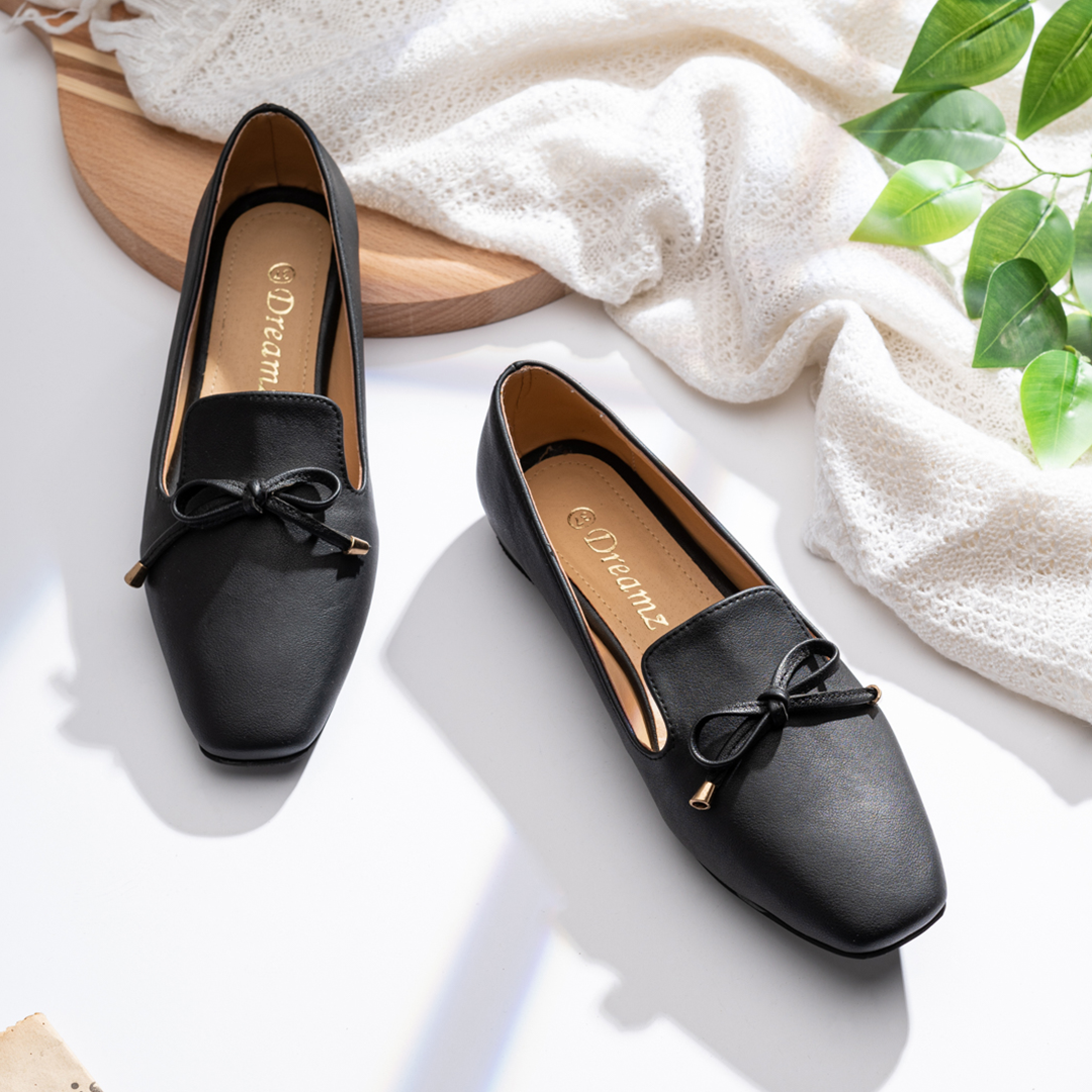 Plain Bow Tie Women Square Toe Flats With Low Heel - Black