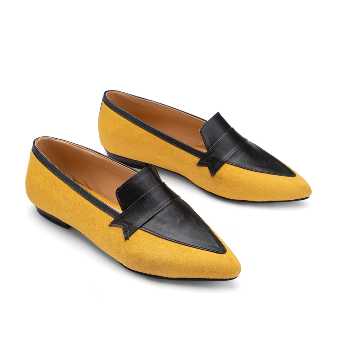 Leather × Suede Women Pointy Toe Flats With Low Heel - Yellow