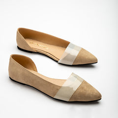 Side Opened Suede Strapped Flats - Beige