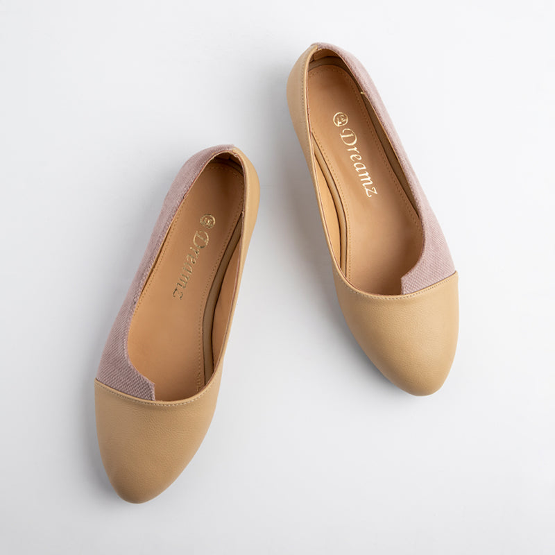 Double Layer Lenin & Leather Rounded Toe Flats - Beige