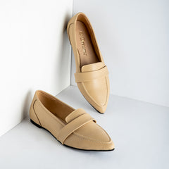 Plain Leather Strap Pointy Toe Flats - Beige