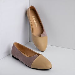 Double Layer Lenin & Leather Rounded Toe Flats - Beige
