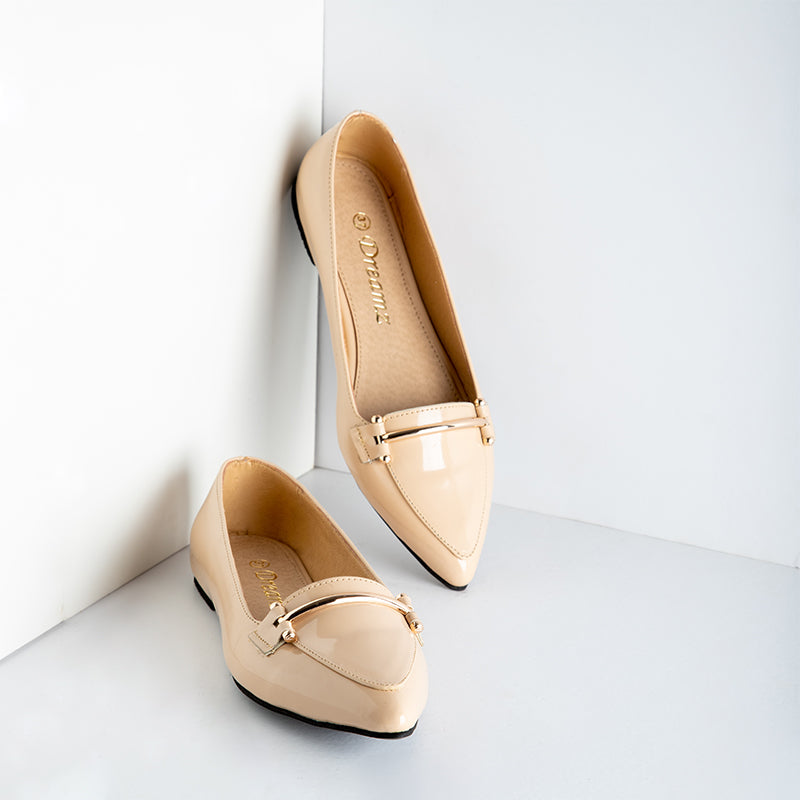 Shiny Verne Flat Shoes - Beige
