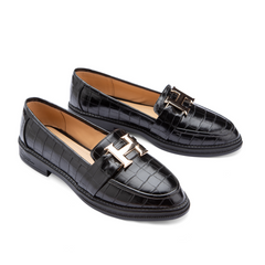 Letter " H " Women Croco Leather Flat Shoes with Low Heel - Black