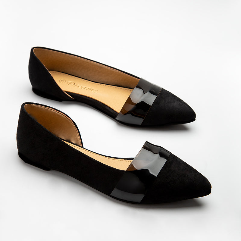 Side Opened Suede Strapped Flats - Black