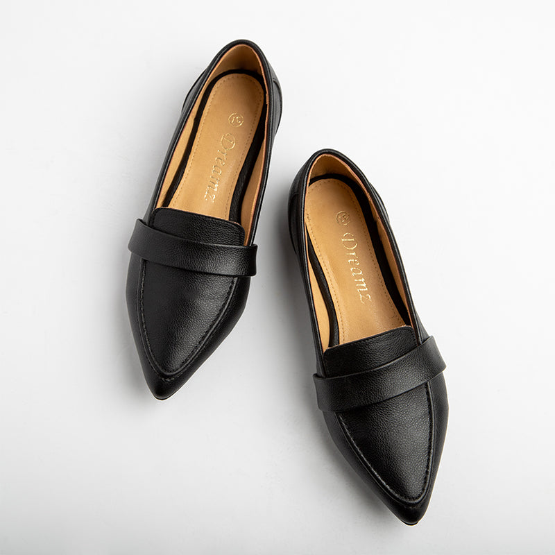 Plain Leather Strap Pointy Toe Flats - Black
