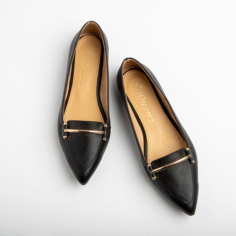 Plain Leather Flats With Accessory - Black