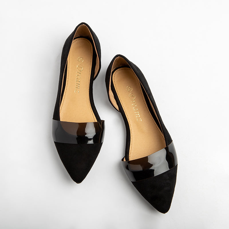 Side Opened Suede Strapped Flats - Black