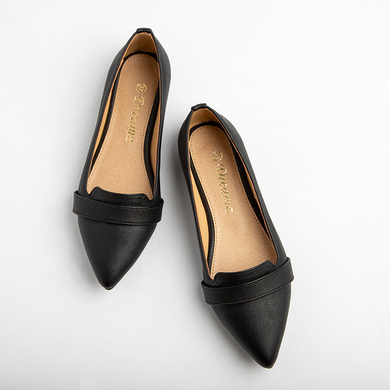 Upper Strap Plain Leather Pointy Flats - Black