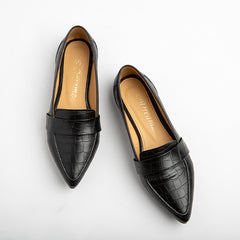 Croco Like Strap Leather Pointy Toe Flats - Black