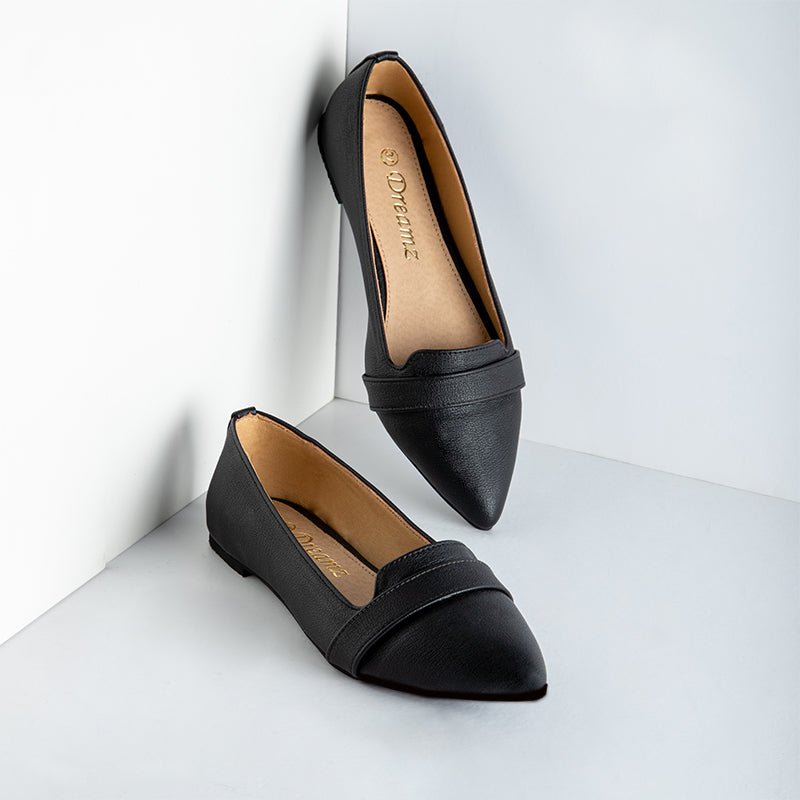 Upper Strap Plain Leather Pointy Flats - Black