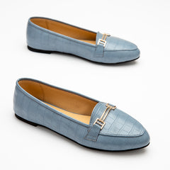 Croco Like Leather Rounded Toe Flats - Baby Blue