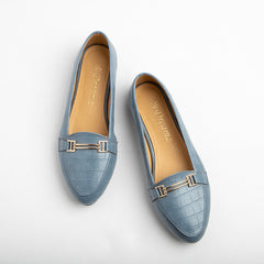 Croco Like Leather Rounded Toe Flats - Baby Blue