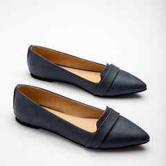 Upper Strap Plain Leather Pointy Flats - Blue