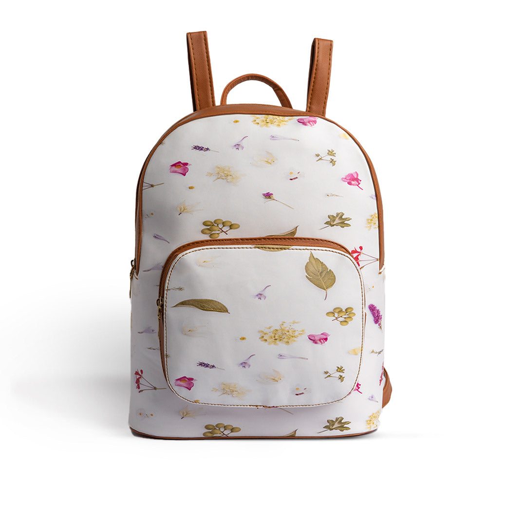 Stylish Leafy Printed Backpack - Camel