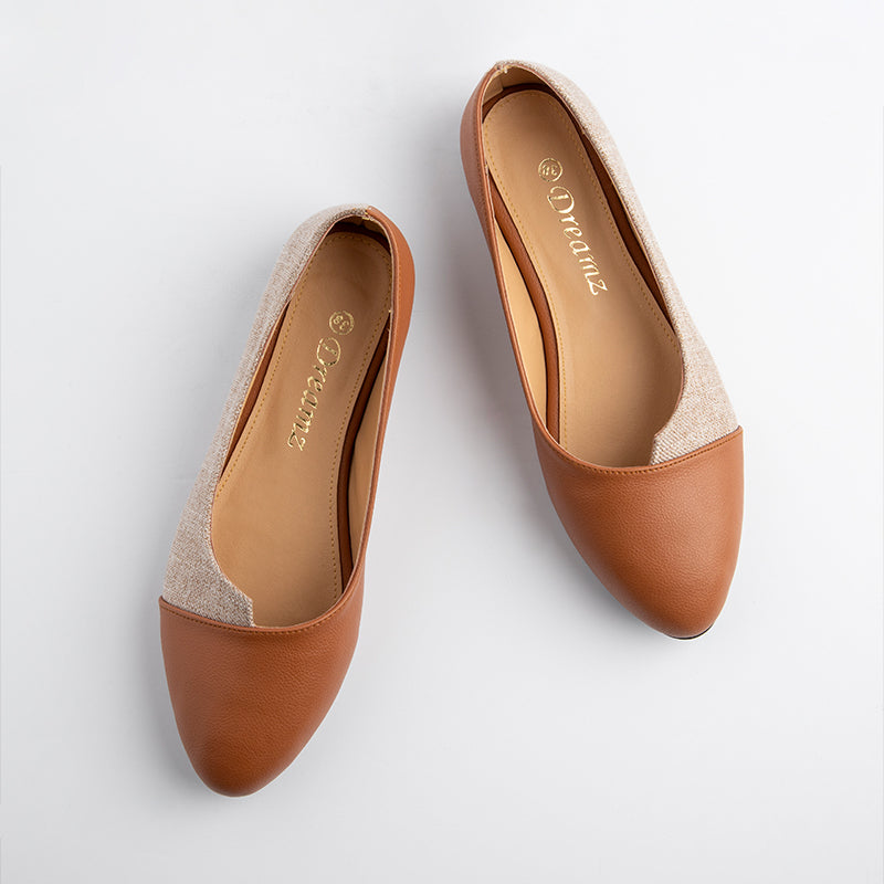 Double Layer Lenin & Leather Rounded Toe Flats - Camel