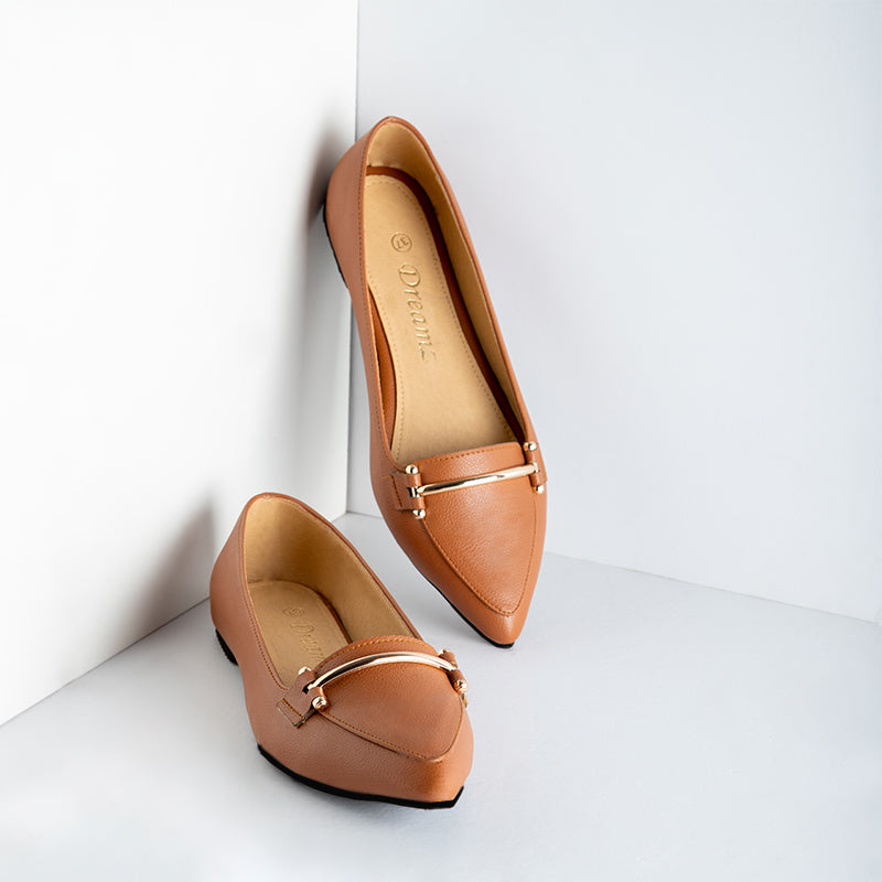 Plain Leather Flats With Accessory - Camel