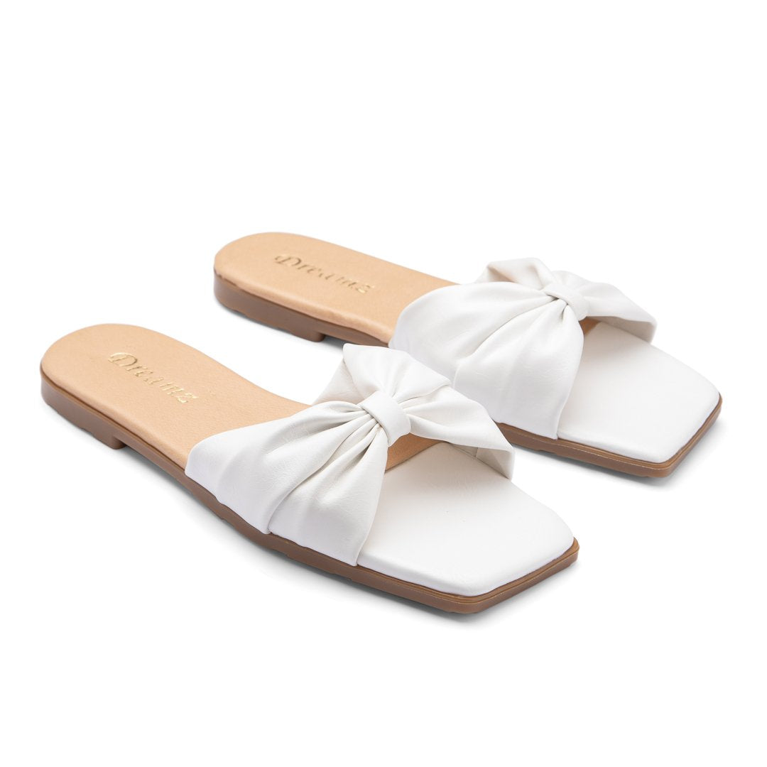 Bow Shaped Leather Slippers - White