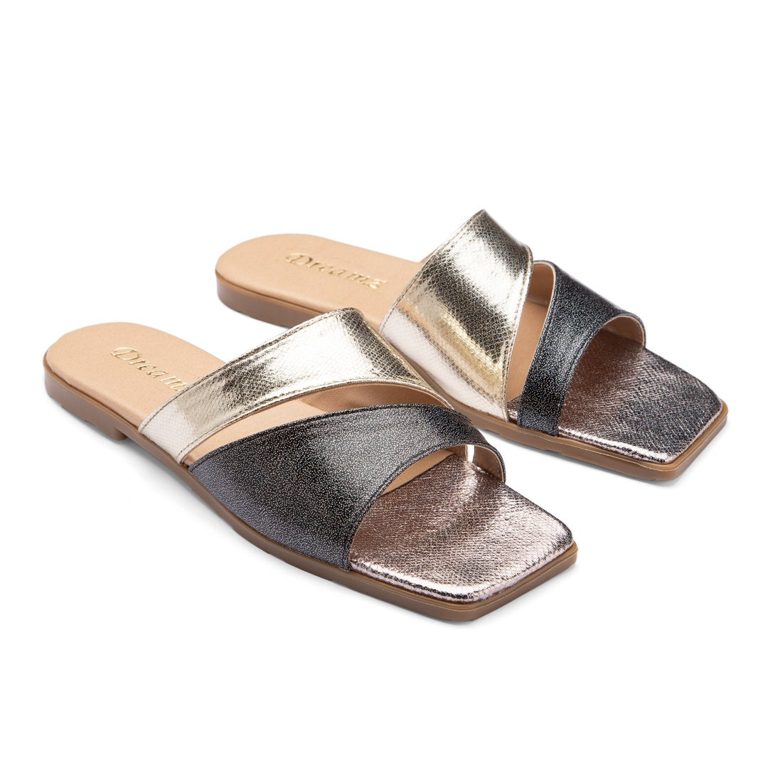 Shiny Double Strap Flat Slippers - Gold