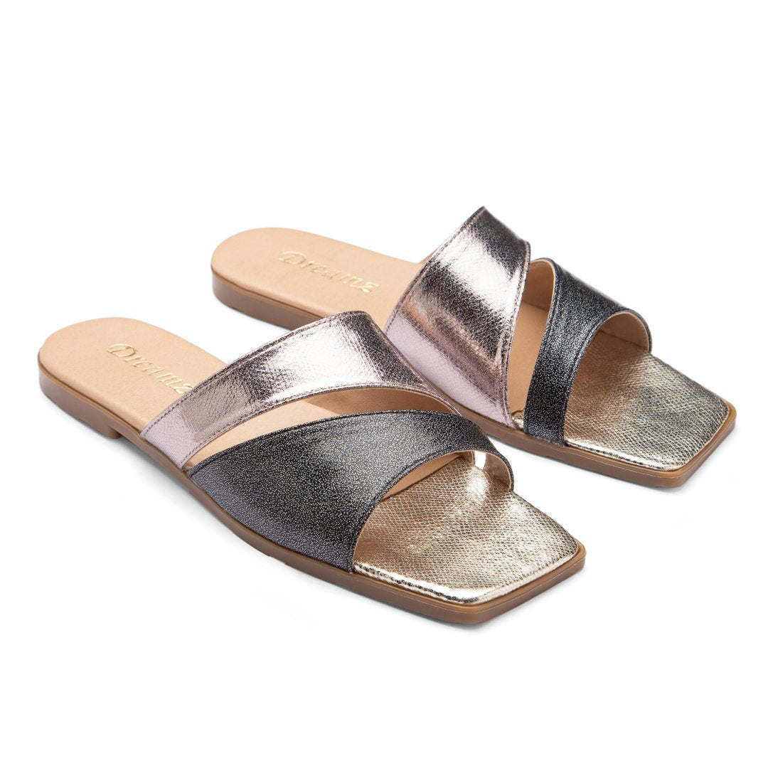 Shiny Double Strap Flat Slippers - Rose Gold