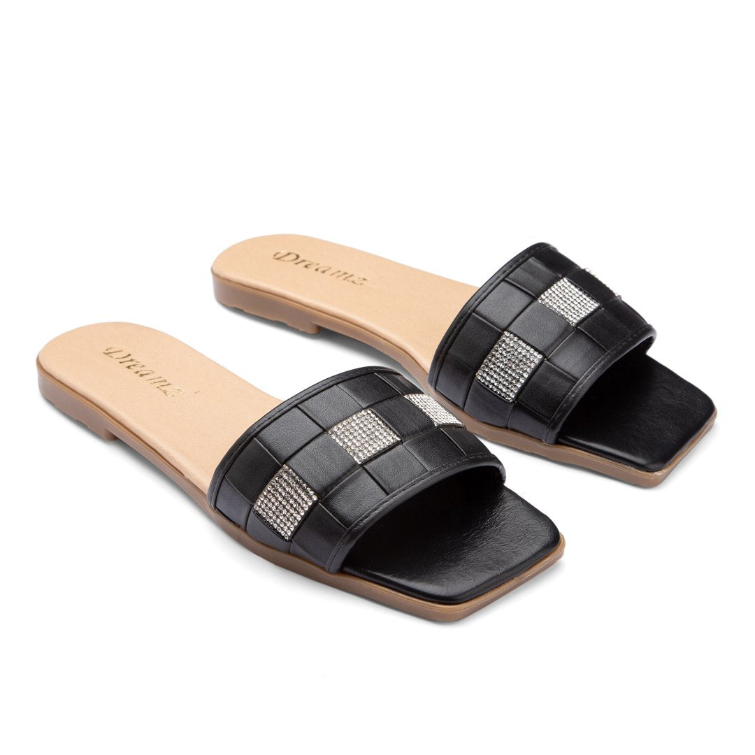 Stylish Shiny Squares  Flat Slipper - Black