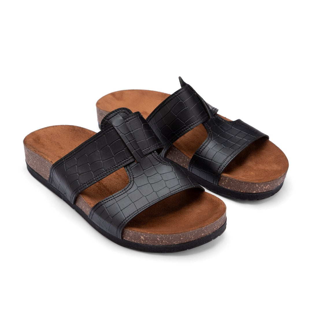 Comfy Footbed Double Layer Strap Croco Slides - Black