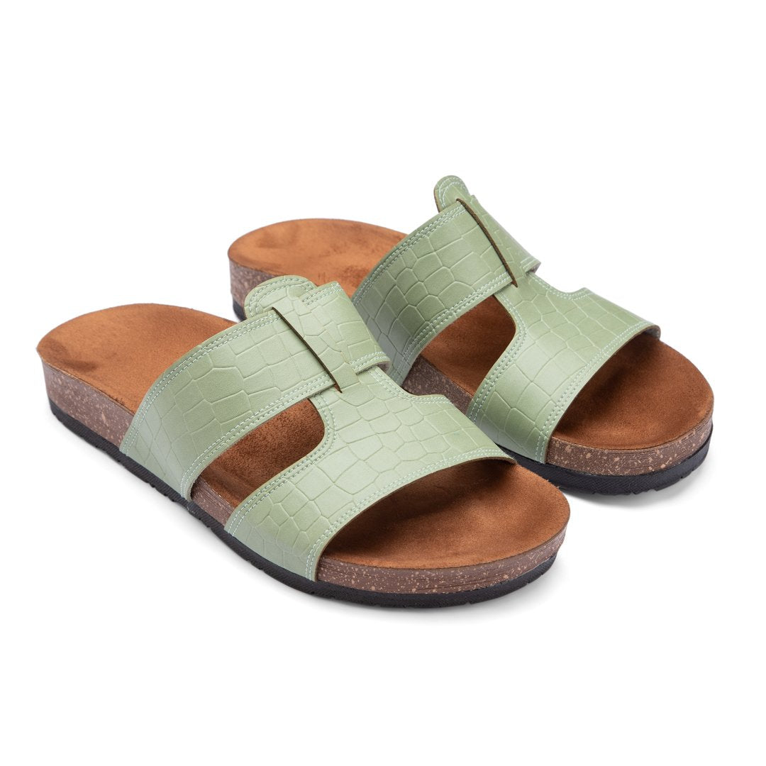 Comfy Footbed Double Layer Strap Croco Slides - Green