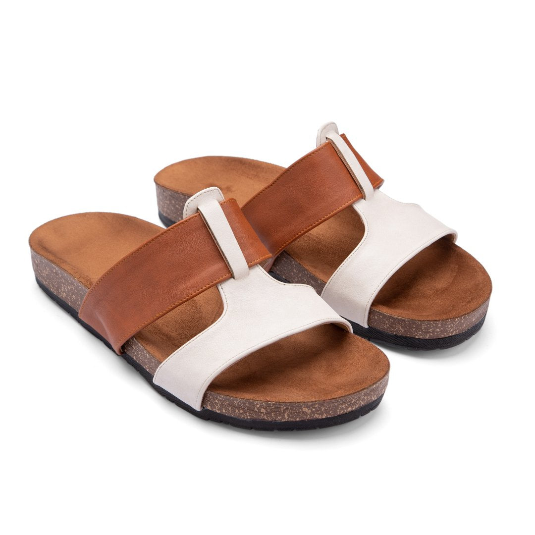 Comfy Footbed Mix Color Strap Leather Slides - Havan X Beige