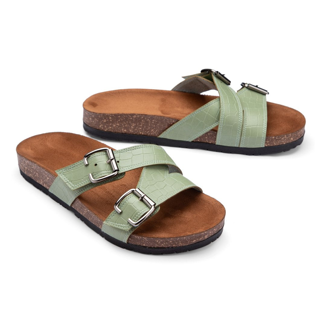 Comfy Footbed Double Buckle Strap Croco Slides - Green