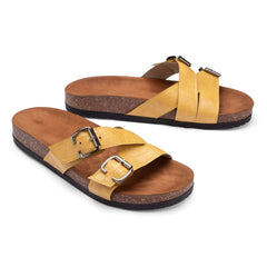 Comfy Footbed Double Buckle Strap Croco Slides - Yellow