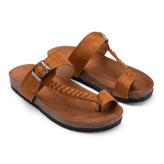 Comfy Footbed Braided Suede Strap Leather Toe Slides - Havan