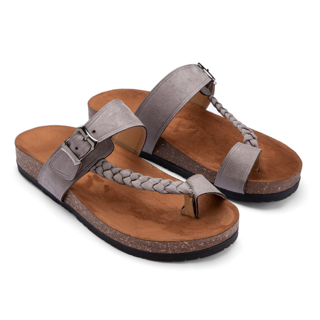 Comfy Footbed Braided Suede Strap Leather Toe Slides - Grey