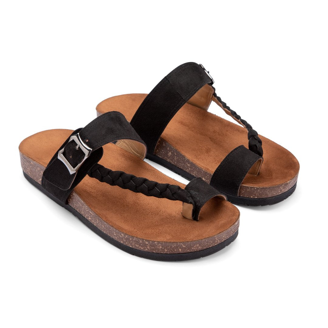 Comfy Footbed Braided Suede Strap Leather Toe Slides - Black