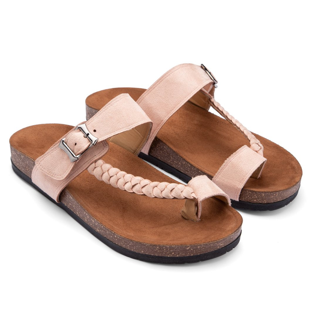 Comfy Footbed Braided Suede Strap Leather Toe Slides - Pink