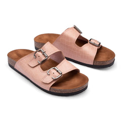 Summer Comfy Footbed Buckle Strap Leather Slides - Pink