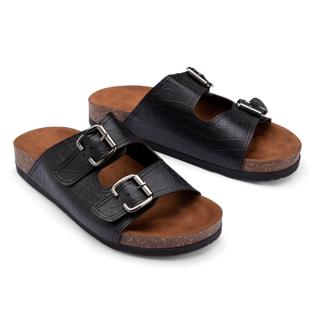 Summer Comfy Footbed Buckle Strap Leather Slides - Black