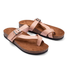Summer Comfy Footbed Buckle Strap Leather Toe Slides - Pink