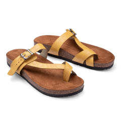 Summer Comfy Footbed Buckle Strap Leather Toe Slides - Yellow