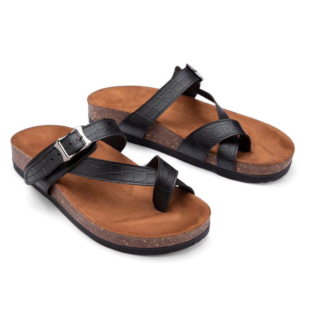 Summer Comfy Footbed Buckle Strap Leather Toe Slides - Black