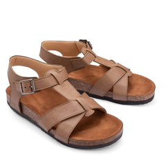 Comfy Footbed Leather Buckle Strap Sandals - Cafe