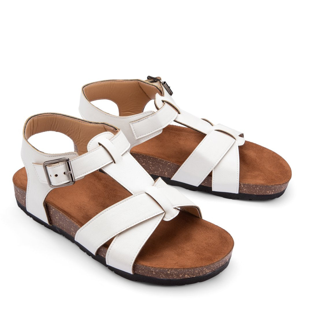 Comfy Footbed Leather Buckle Strap Sandals - White