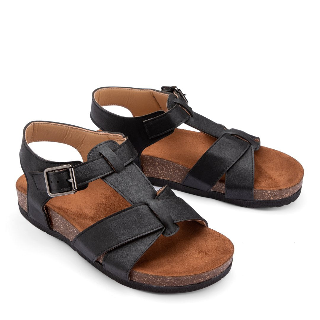 Comfy Footbed Leather Buckle Strap Sandals - Black