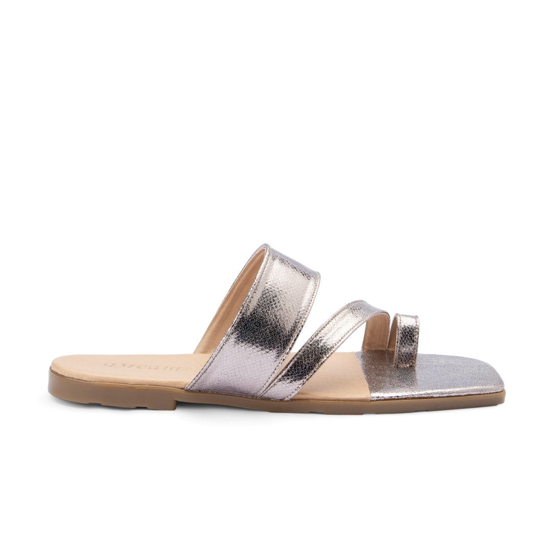Shiny Double Strap Toe Flat Slippers - Silver