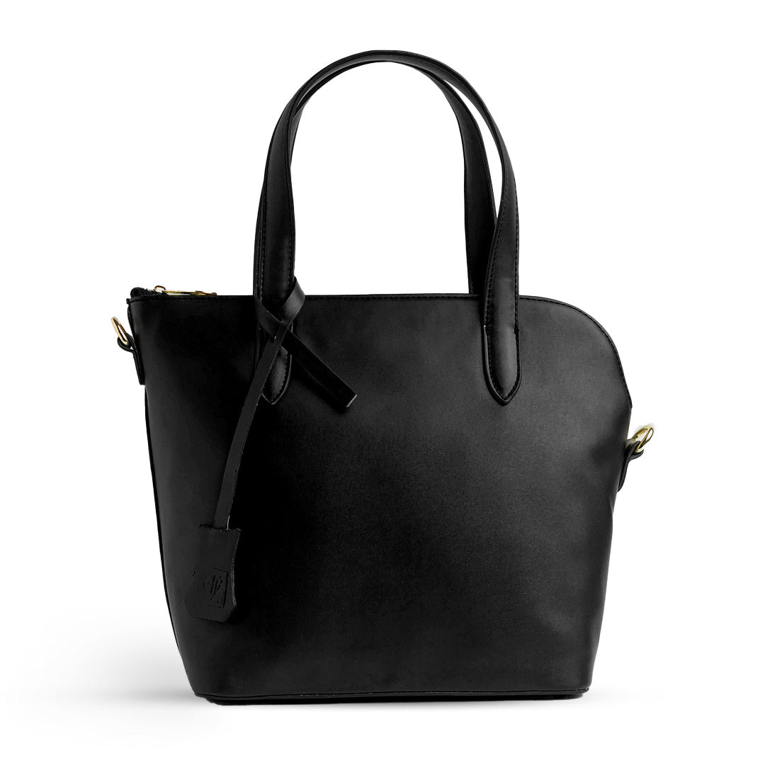Plain Leather Box Shaped Bottom Tote Bag - BLACK