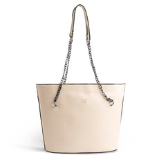 Plain Leather Tote Bag With Black Chain - BEIGE