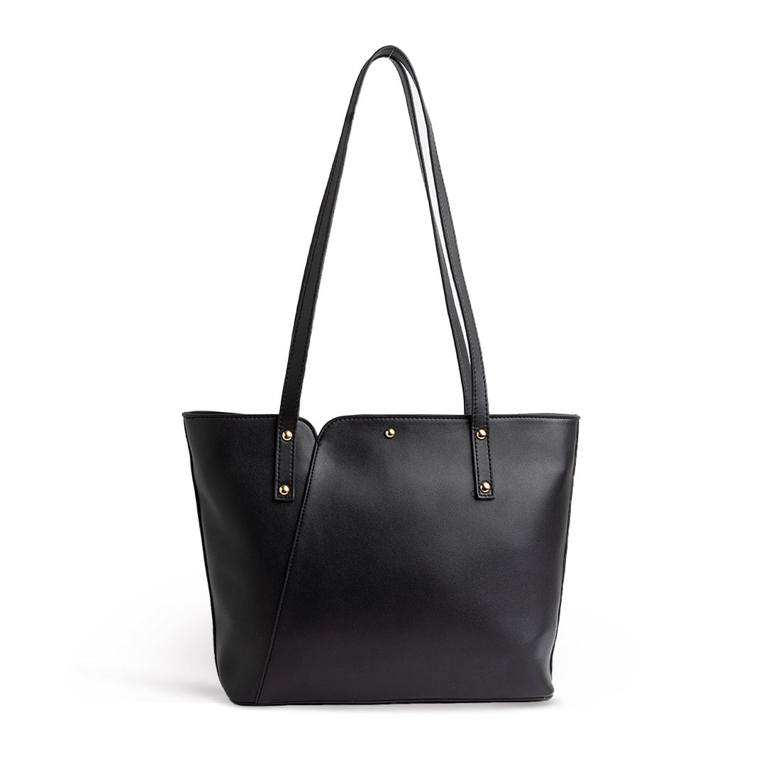 Double Split Layer Plain Leather Tote Bag - BLACK
