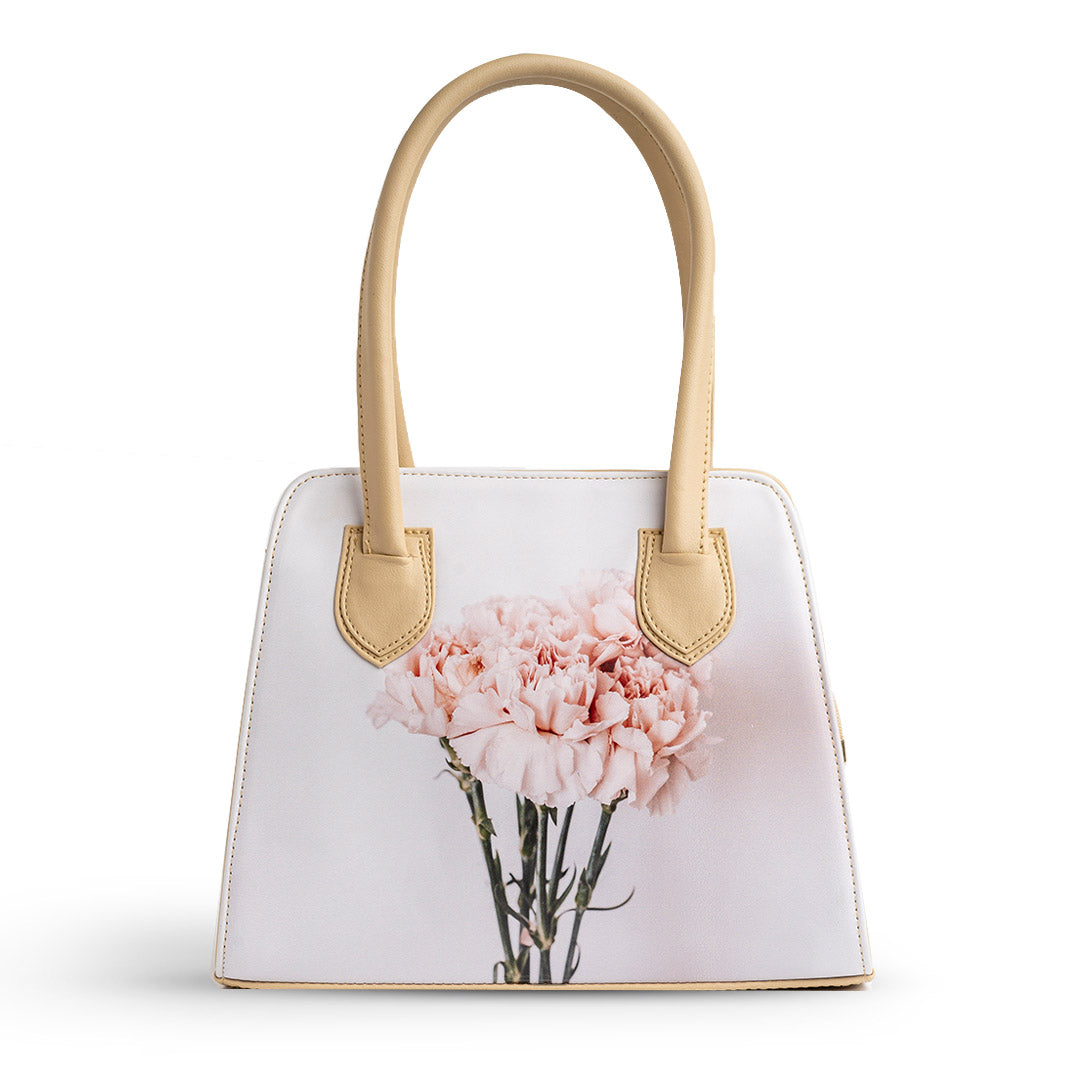 Printed Flower Handbag - BEIGE
