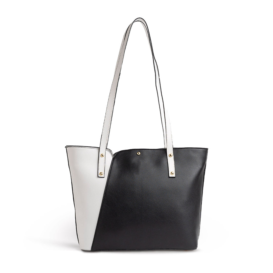 Double Split Layer Plain Leather Tote Bag - BLACK X WHITE